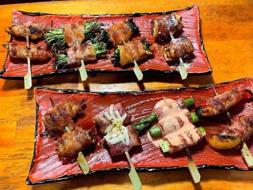Assortment of eight meat skewers and chicken skewers