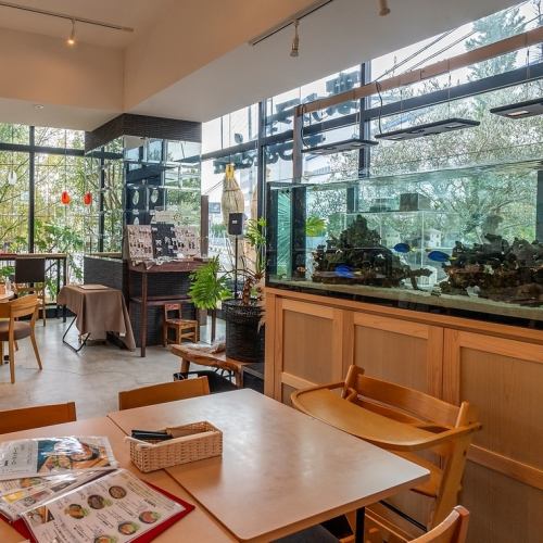 The interior is filled with soothing greenery and a designer atmosphere.