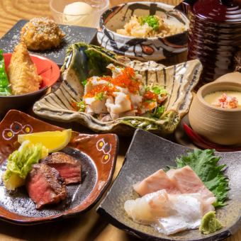 桜鯛と鰆のお造り・牛タンステーキなど全8品120分飲み放題付き5000円（税込）