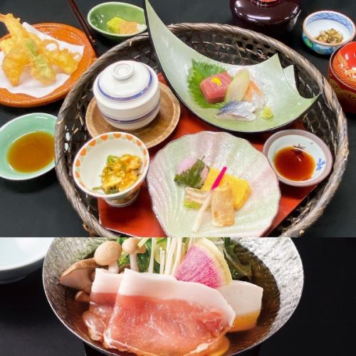 Tsukuba Gozen: Take (small portion, sashimi, grilled fish, hot pot, steamed dish, tempura, set meal, dessert)
