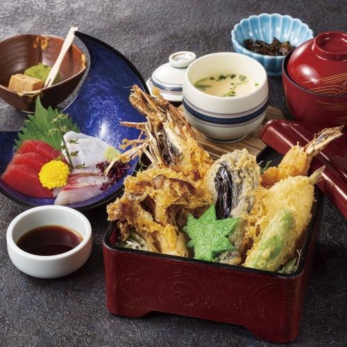 Shrimp tempura box, set <small dish, sashimi, steamed dish, rice box, pickles, miso soup, dessert>
