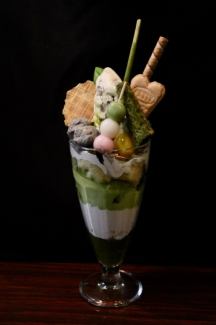 Japanese-style parfaitino with matcha and black sesame ice cream