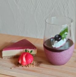 White chocolate and cream cheese cake, blueberry mousse + coffee, tea, or your choice of soft drink