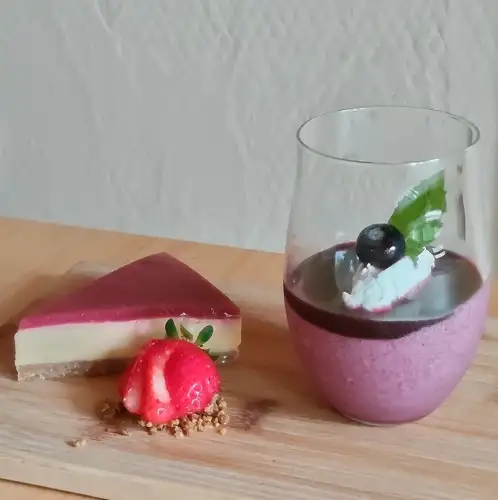 White chocolate and cream cheese cake, blueberry mousse + coffee, tea, or your choice of soft drink