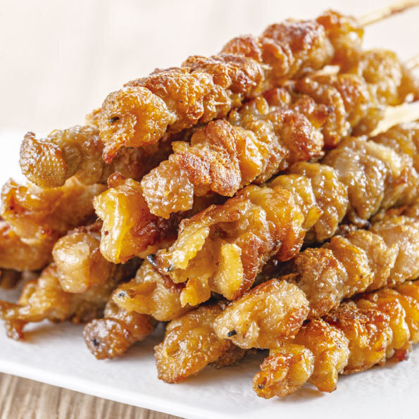 Everyone loves our homemade crispy chicken skin skewers! They pair perfectly with drinks!