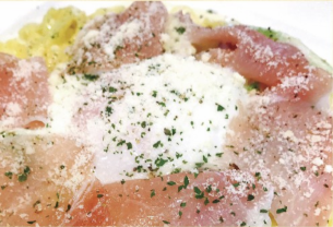 Soft-boiled egg and uncured ham creamy carbonara