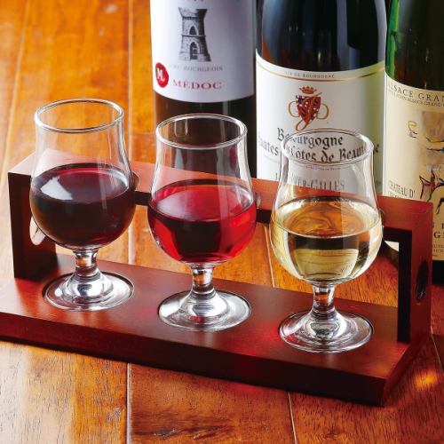 アテの盛り合わせとおまかせワイン飲み比べ3種